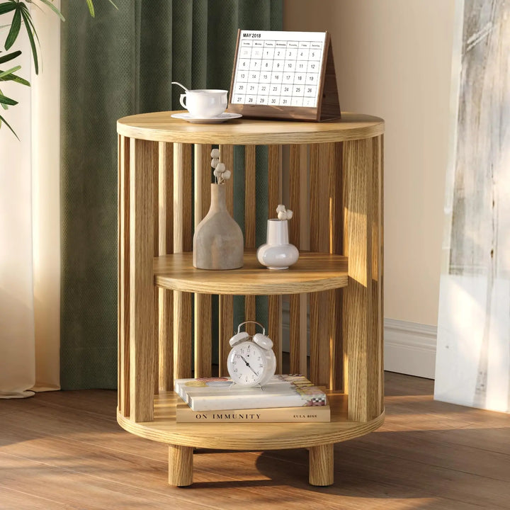 ONBRILL Round End Table,Circle Bedside Table with Open Storage Shelf,Oak