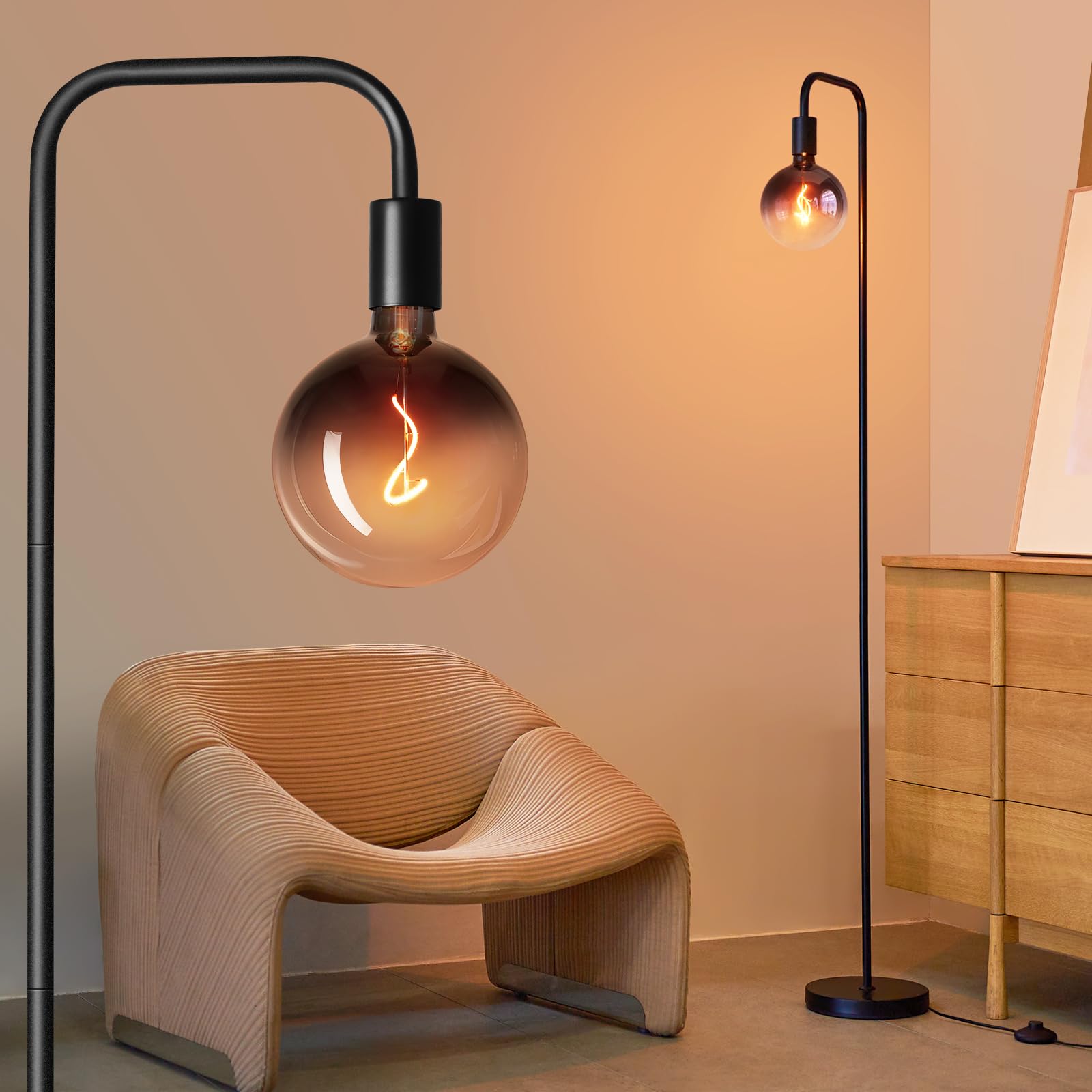 ONEWISH Floor Lamp for Living Room - Minimalist Industrial Standing Lamp with Modern LED Bulb, Globe Black Clear Glass 6", 1800K Warm Ambiant Lighting Decorative Tall Floor Lamp for Bedroom Office 