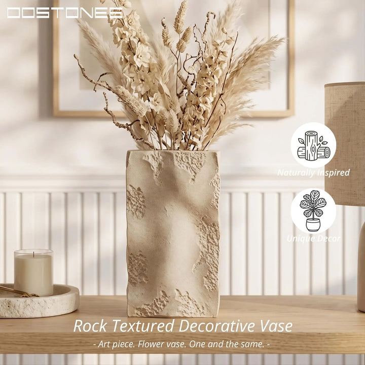 OOSTONEE Large Ceramic Vase - Organic Earthy Square Rock Textured Vase Design, Rustic Farmhouse Decor, Home Decor for Living Room, Entryway Decor, Wabi Sabi (10.6 inch)