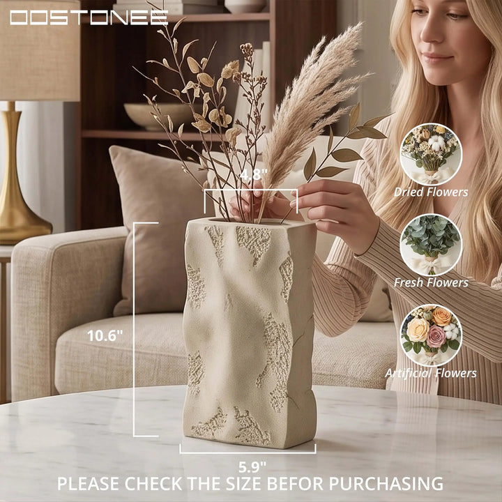 OOSTONEE Large Ceramic Vase - Organic Earthy Square Rock Textured Vase Design, Rustic Farmhouse Decor, Home Decor for Living Room, Entryway Decor, Wabi Sabi (10.6 inch)