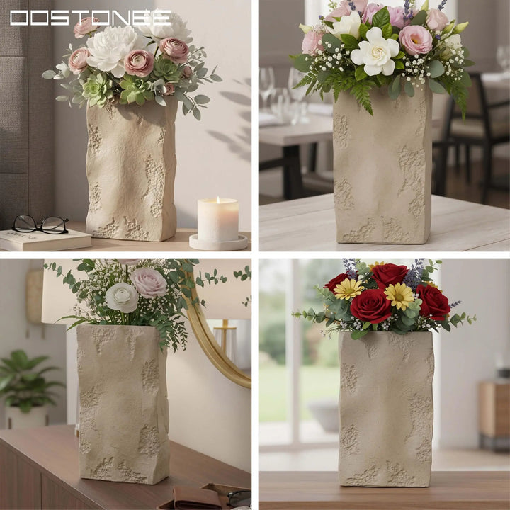 OOSTONEE Large Ceramic Vase - Organic Earthy Square Rock Textured Vase Design, Rustic Farmhouse Decor, Home Decor for Living Room, Entryway Decor, Wabi Sabi (10.6 inch)