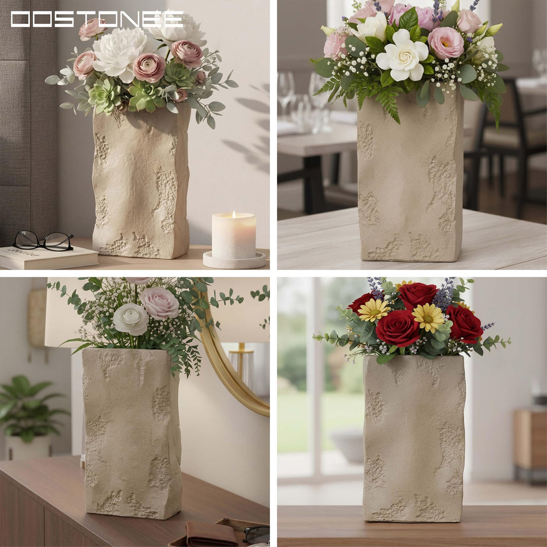 OOSTONEE Large Ceramic Vase - Organic Earthy Square Rock Textured Vase Design, Rustic, Farmhouse Decor, Entryway Decor, Wabi Sabi, 10.6” 
