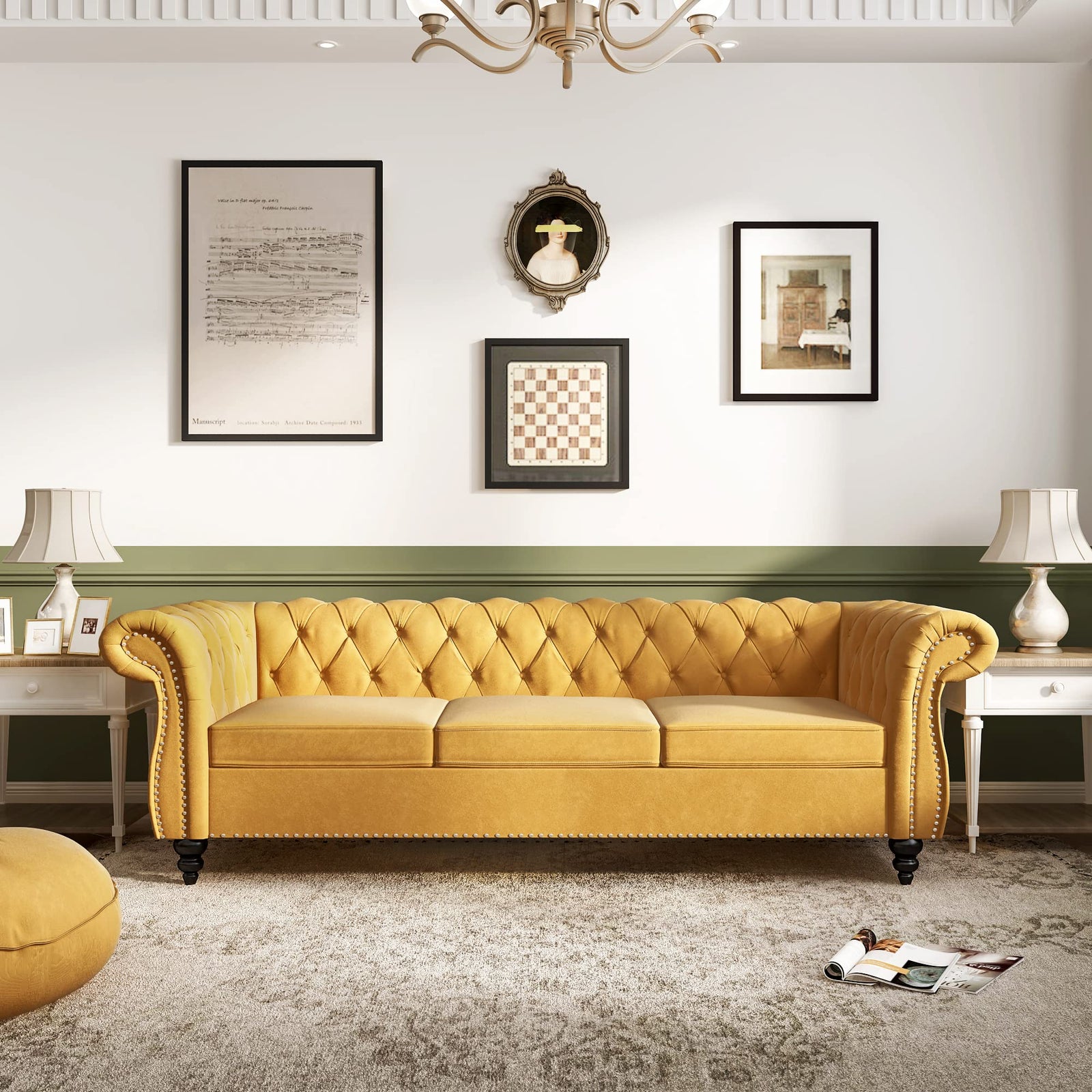 ORRD Chesterfield Sofa Velvet, Modern Tufted Couch 3 Seater with Rolled Arms and Nailhead for Living Room, Bedroom, Office, Apartment (Mango) 