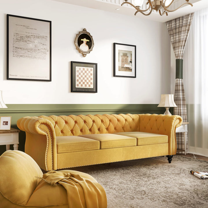 ORRD Chesterfield Sofa Velvet, Modern Tufted Couch 3 Seater with Rolled Arms and Nailhead for Living Room, Bedroom, Office, Apartment (Mango) 