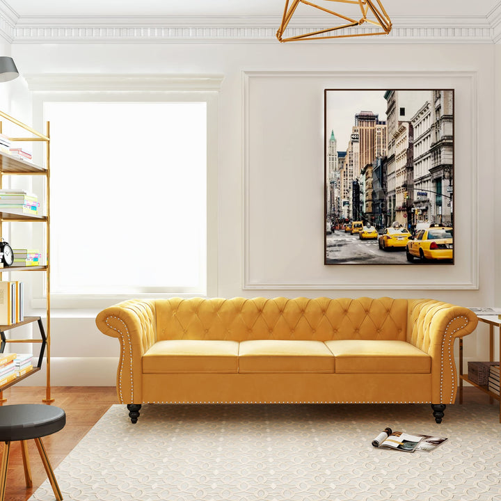 ORRD Chesterfield Sofa Velvet, Modern Tufted Couch 3 Seater with Rolled Arms and Nailhead for Living Room, Bedroom, Office, Apartment (Mango) 