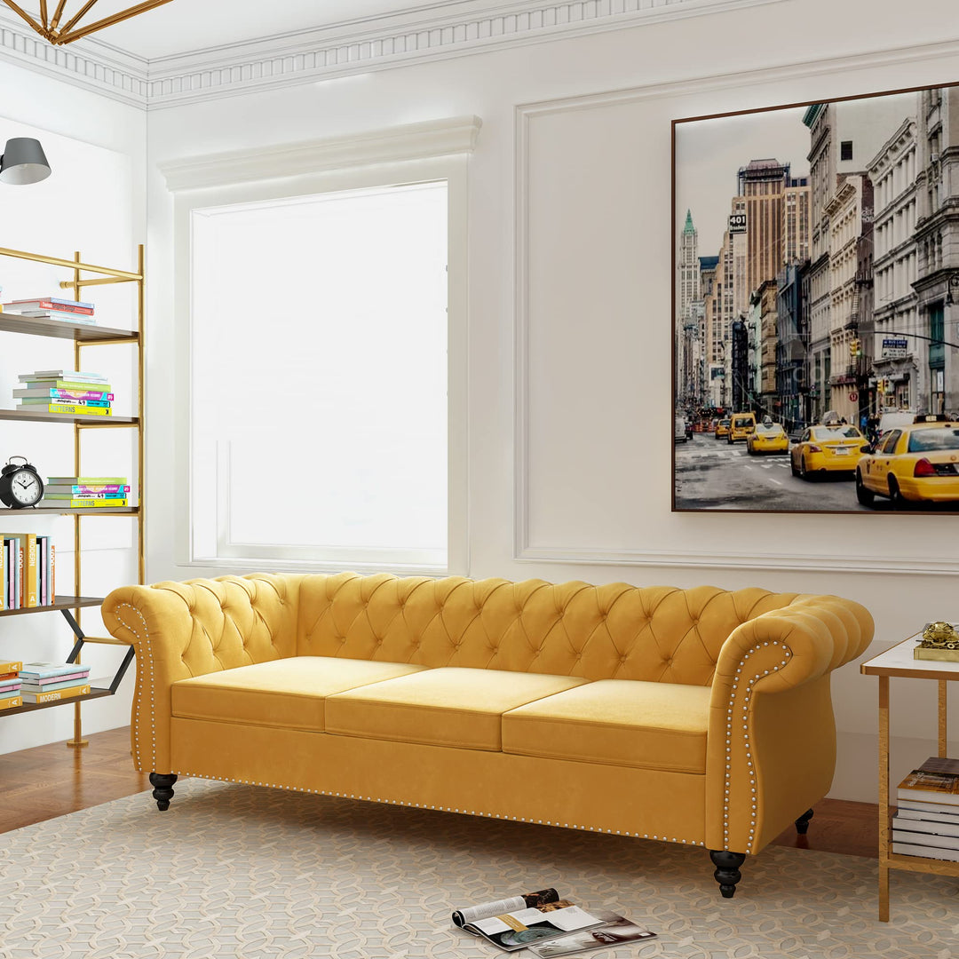 ORRD Chesterfield Sofa Velvet, Modern Tufted Couch 3 Seater with Rolled Arms and Nailhead for Living Room, Bedroom, Office, Apartment (Mango) 