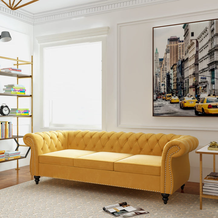 ORRD Chesterfield Sofa Velvet, Modern Tufted Couch 3 Seater with Rolled Arms and Nailhead for Living Room, Bedroom, Office, Apartment (Mango) 