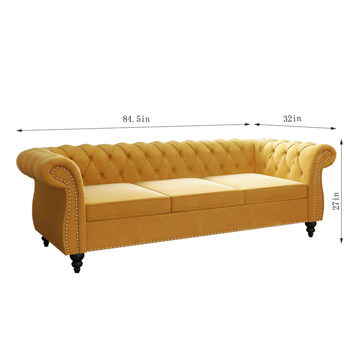 ORRD Chesterfield Sofa Velvet, Modern Tufted Couch 3 Seater with Rolled Arms and Nailhead for Living Room, Bedroom, Office, Apartment (Mango) 