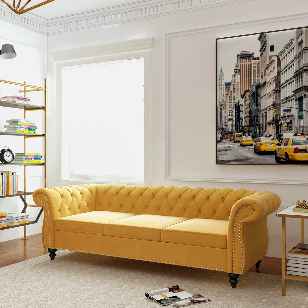 ORRD Chesterfield Sofa Velvet, Modern Tufted Couch 3 Seater with Rolled Arms and Nailhead for Living Room, Bedroom, Office, Apartment (Mango) 
