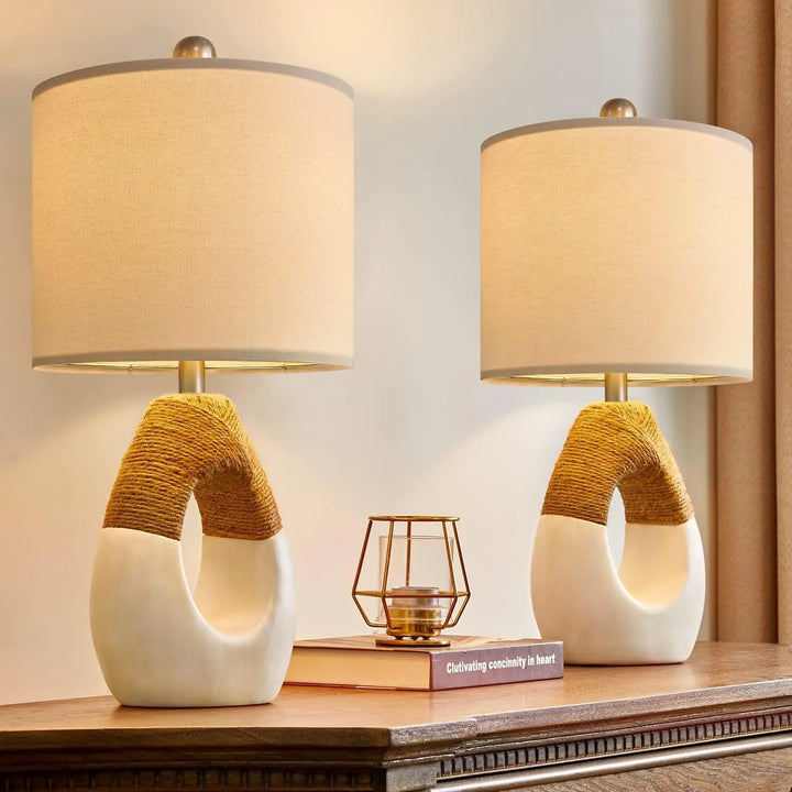 OYEARS 19'' Small Boho Table Lamps, Set of 2, Farmhouse Rattan Lamps