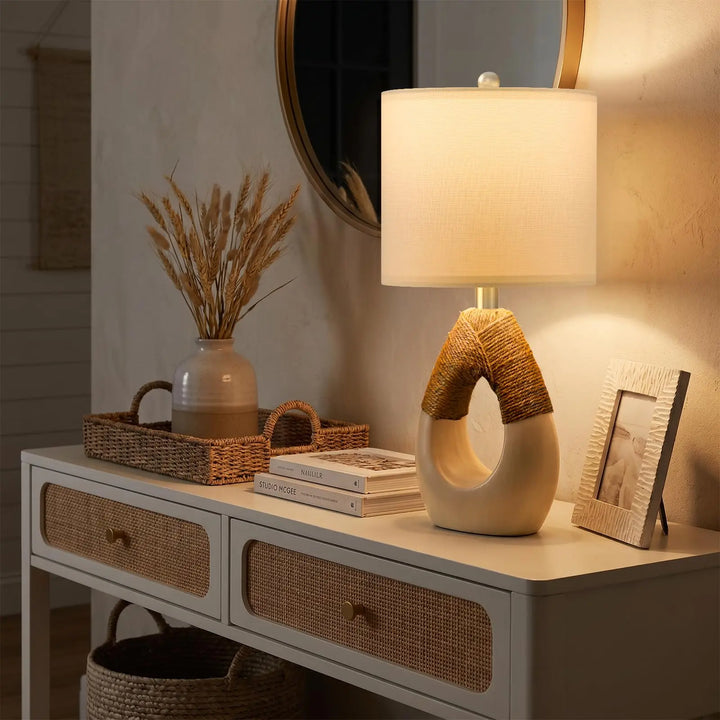 OYEARS 19'' Small Boho Table Lamps, Set of 2, Farmhouse Rattan Lamps