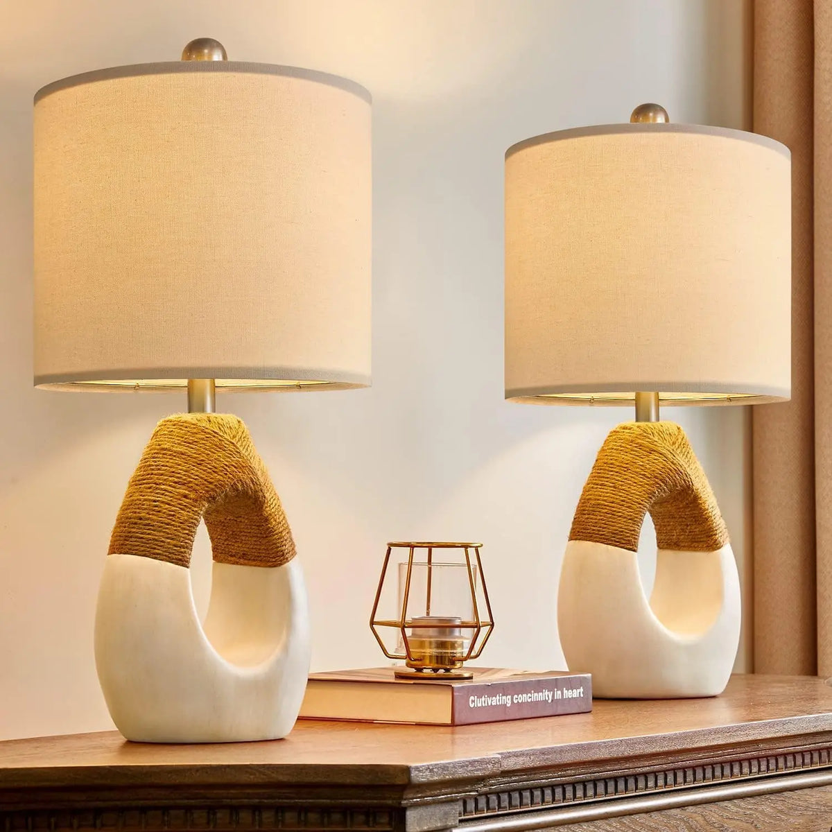 OYEARS 19'' Small Boho Table Lamps, Set of 2, Farmhouse Rattan Lamps 