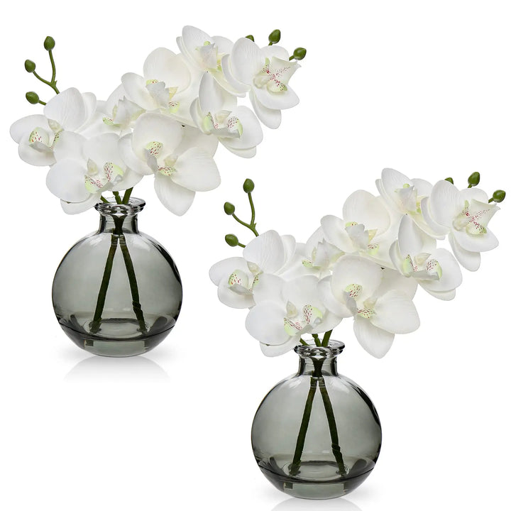 Oairse White Orchids Artificial Flowers Faux Orchid Arrangement with Black Glass Vase Set of 2 Real Touch Phalaenopsis Orchid Flowers Orchid Centerpiece