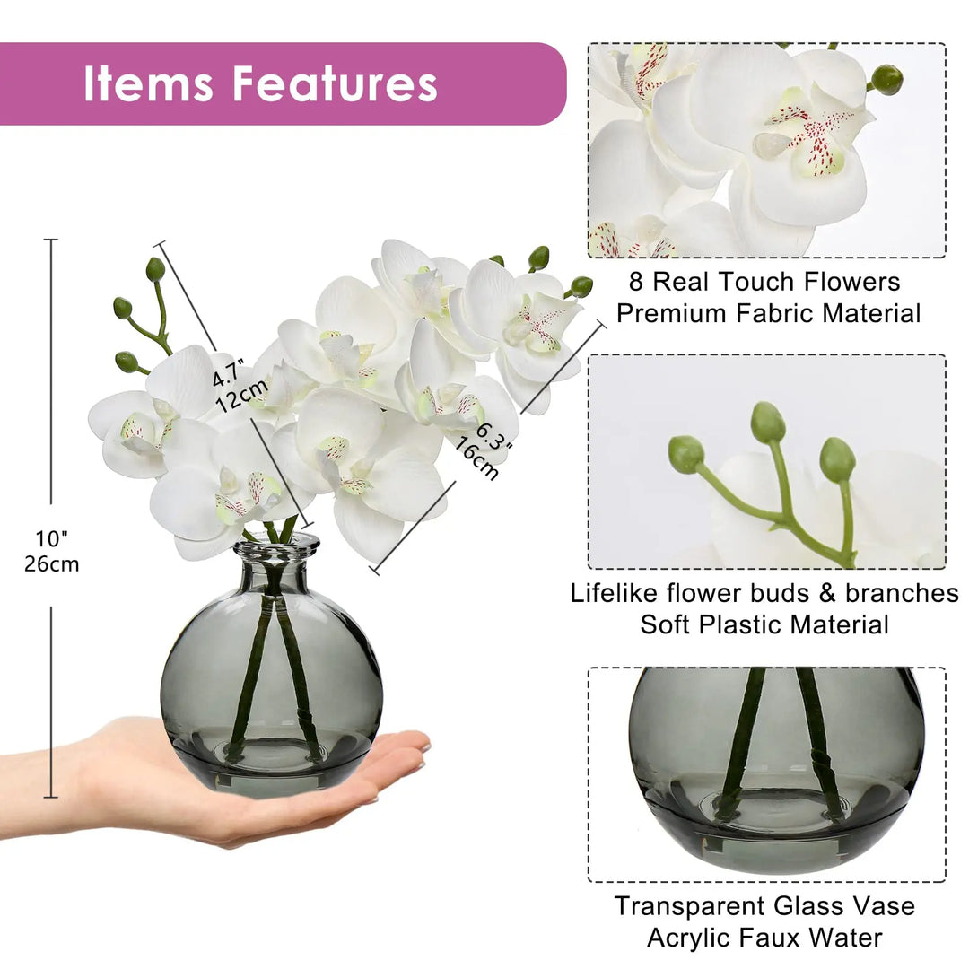 Oairse White Orchids Artificial Flowers Faux Orchid Arrangement with Black Glass Vase Set of 2 Real Touch Phalaenopsis Orchid Flowers Orchid Centerpiece