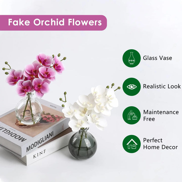 Oairse White Orchids Artificial Flowers Faux Orchid Arrangement with Black Glass Vase Set of 2 Real Touch Phalaenopsis Orchid Flowers Orchid Centerpiece