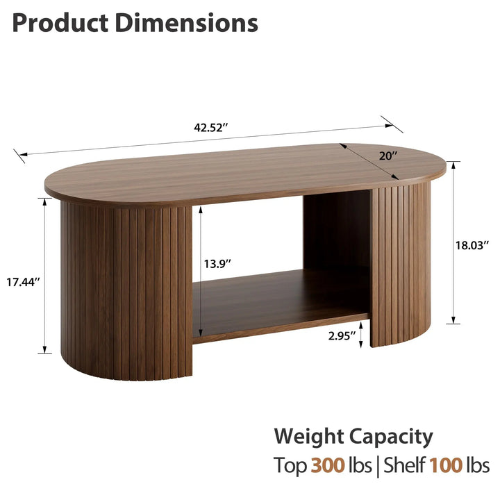 OneBlis 42" Oval Fluted Coffee Table, 2-Tier Center Table with Large Storage, Mid-Century Modern Wood Coffee Table for Living Room, Home Office, Small Space, Walnut