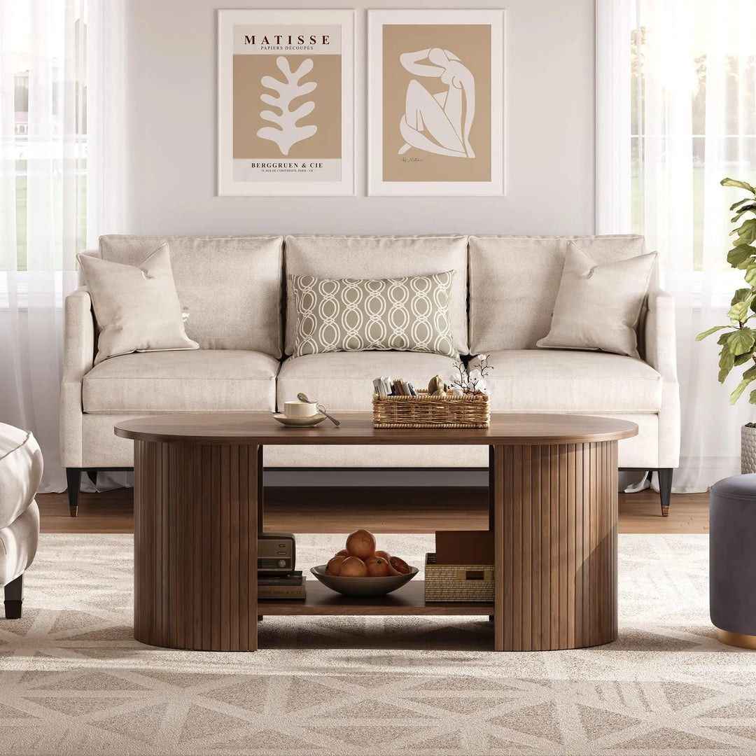 OneBlis 42" Oval Fluted Coffee Table, 2-Tier Center Table with Large Storage, Mid-Century Modern Wood Coffee Table for Living Room, Home Office, Small Space, Walnut