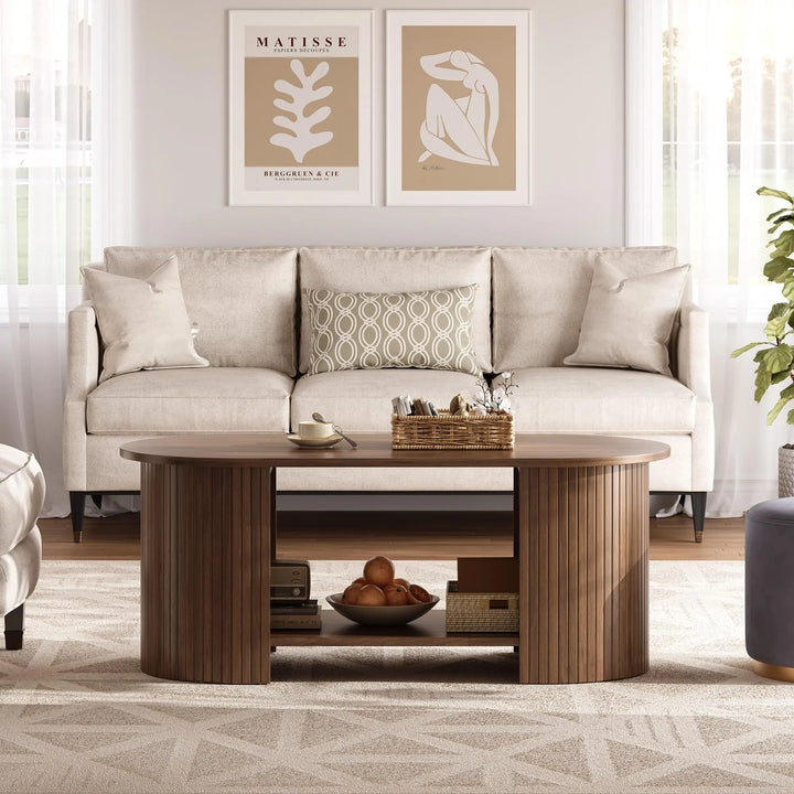 OneBlis 42" Oval Fluted Coffee Table, 2-Tier Center Table with Large Storage, Mid-Century Modern Wood Coffee Table for Living Room, Home Office, Small Space, Walnut