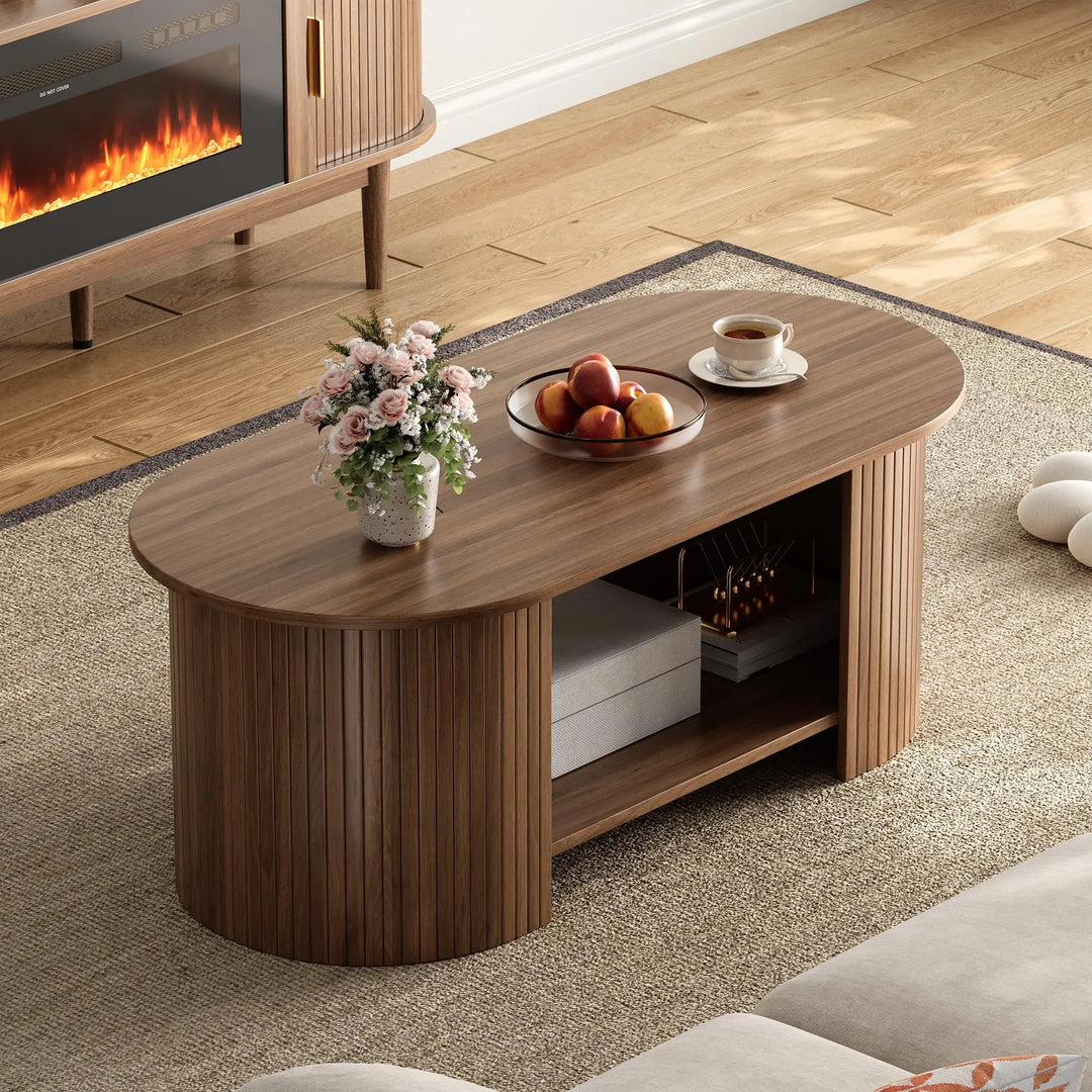 OneBlis 42" Oval Fluted Coffee Table, 2-Tier Center Table with Large Storage, Mid-Century Modern Wood Coffee Table for Living Room, Home Office, Small Space, Walnut