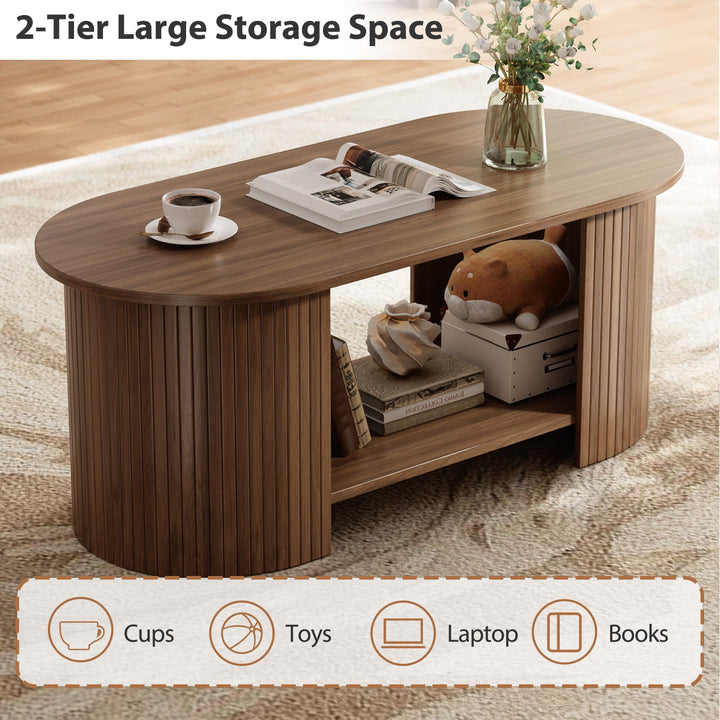 OneBlis 42" Oval Fluted Coffee Table, 2-Tier Center Table with Large Storage, Mid-Century, Modern Wood Coffee Table - Walnut 
