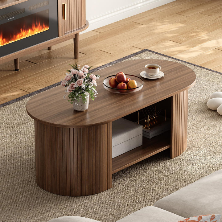 OneBlis 42" Oval Fluted Coffee Table, 2-Tier Center Table with Large Storage, Mid-Century, Modern Wood Coffee Table - Walnut 