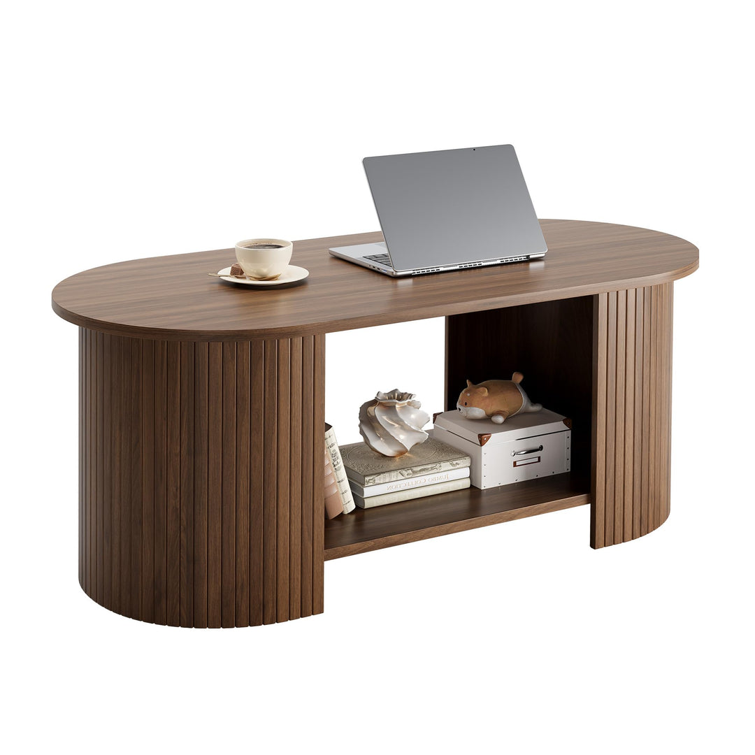 OneBlis 42" Oval Fluted Coffee Table, 2-Tier Center Table with Large Storage, Mid-Century, Modern Wood Coffee Table - Walnut 