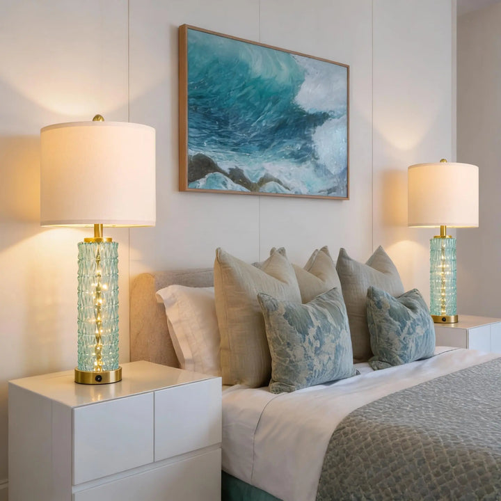 Oneach 27.75" Coastal Table Lamps Set of 2, Clear Blue Bedside Lamp with Glass Nightlight, USB A+C, Unique Desk Lamps for Living Room, Bedroom, Nightstand, End Table (2 Bulbs Included) 