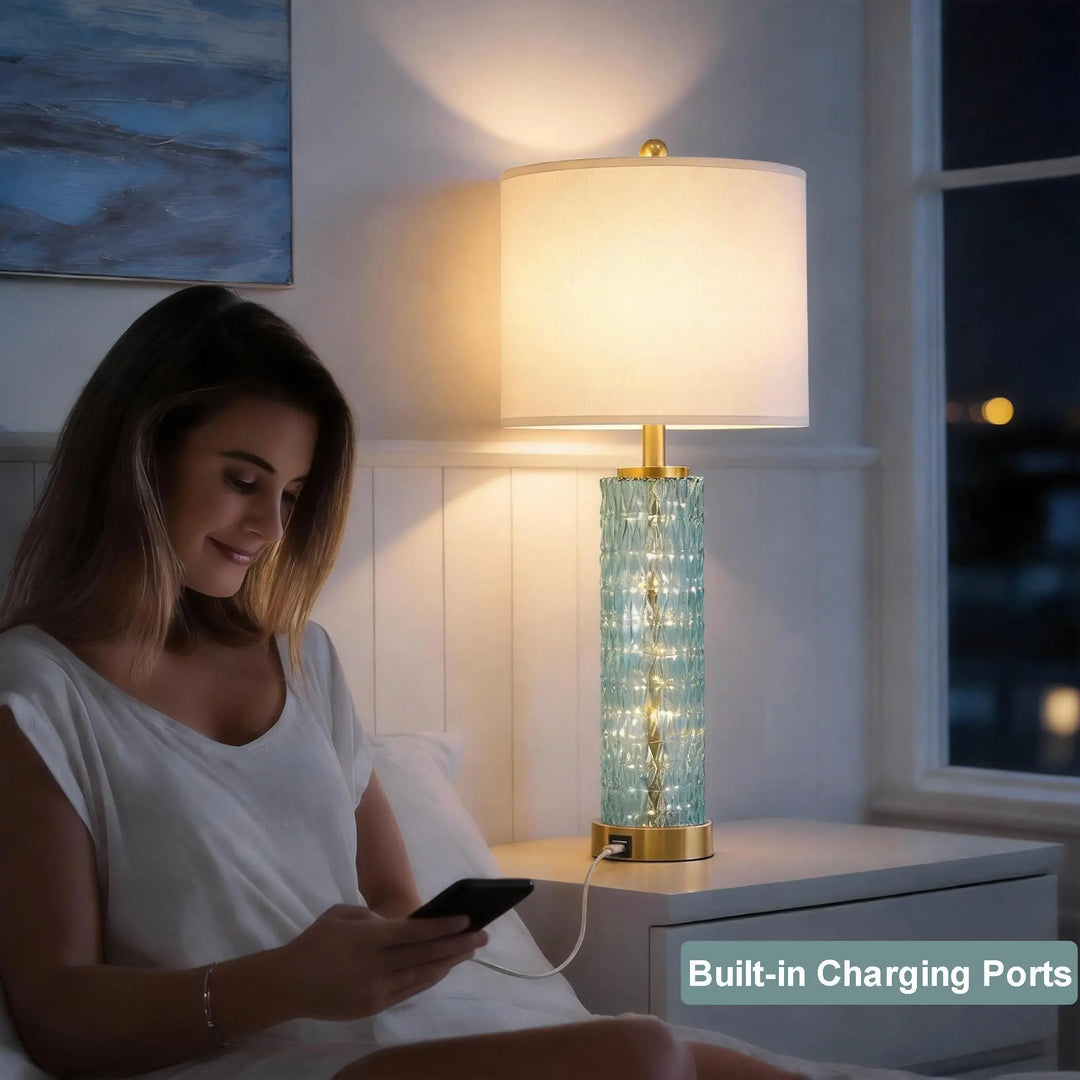 Oneach 27.75" Coastal Table Lamps Set of 2, Clear Blue Bedside Lamp with Glass Nightlight, USB A+C, Unique Desk Lamps for Living Room, Bedroom, Nightstand, End Table (2 Bulbs Included) 