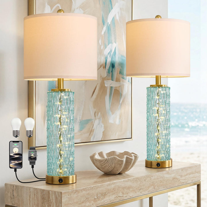 Oneach 27.75" Coastal Table Lamps Set of 2, Clear Blue Bedside Lamp with Glass Nightlight, USB A+C, Unique Desk Lamps for Living Room, Bedroom, Nightstand, End Table (2 Bulbs Included) 