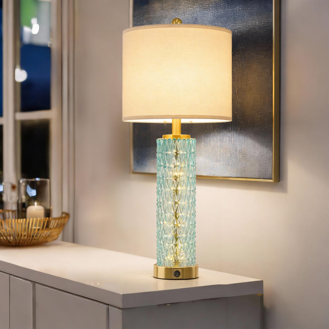 Oneach 27.75" Coastal Table Lamps Set of 2, Clear Blue Bedside Lamp with Glass Nightlight, USB A+C, Unique Desk Lamps for Living Room, Bedroom, Nightstand, End Table (2 Bulbs Included) 