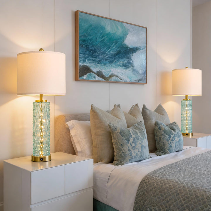 Oneach 27.75" Coastal Table Lamps Set of 2, Clear Blue Bedside Lamp with Glass Nightlight, USB A+C, Unique Desk Lamps for Living Room, Bedroom, Nightstand, End Table (2 Bulbs Included) 