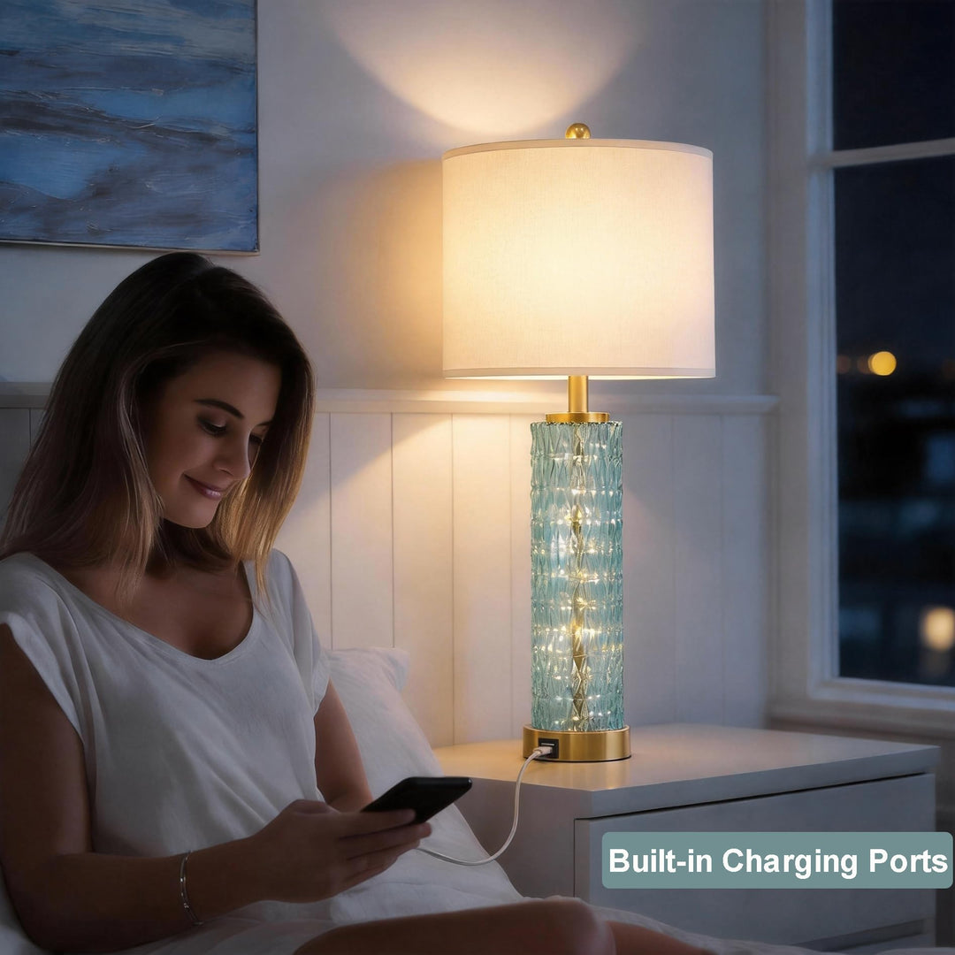 Oneach 27.75" Coastal Table Lamps Set of 2, Clear Blue Bedside Lamp with Glass Nightlight, USB A+C, Unique Desk Lamps for Living Room, Bedroom, Nightstand, End Table (2 Bulbs Included) 