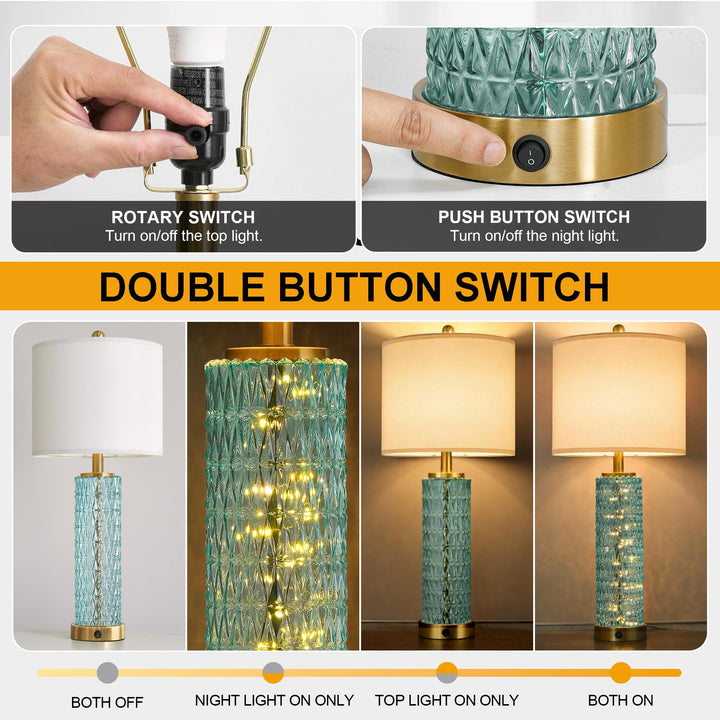 Oneach 27.75" Coastal Table Lamps Set of 2, Clear Blue Bedside Lamp with Glass Nightlight, USB A+C, Unique Desk Lamps for Living Room, Bedroom, Nightstand, End Table (2 Bulbs Included) 