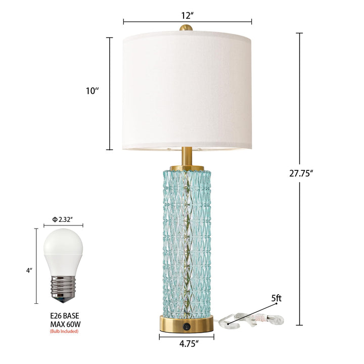 Oneach 27.75" Coastal Table Lamps Set of 2, Clear Blue Bedside Lamp with Glass Nightlight, USB A+C, Unique Desk Lamps for Living Room, Bedroom, Nightstand, End Table (2 Bulbs Included) 