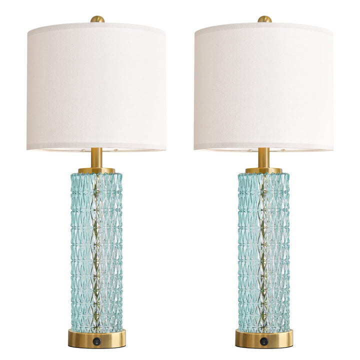 Oneach 27.75" Coastal Table Lamps Set of 2, Clear Blue Bedside Lamp with Glass Nightlight, USB A+C, Unique Desk Lamps for Living Room, Bedroom, Nightstand, End Table (2 Bulbs Included) 