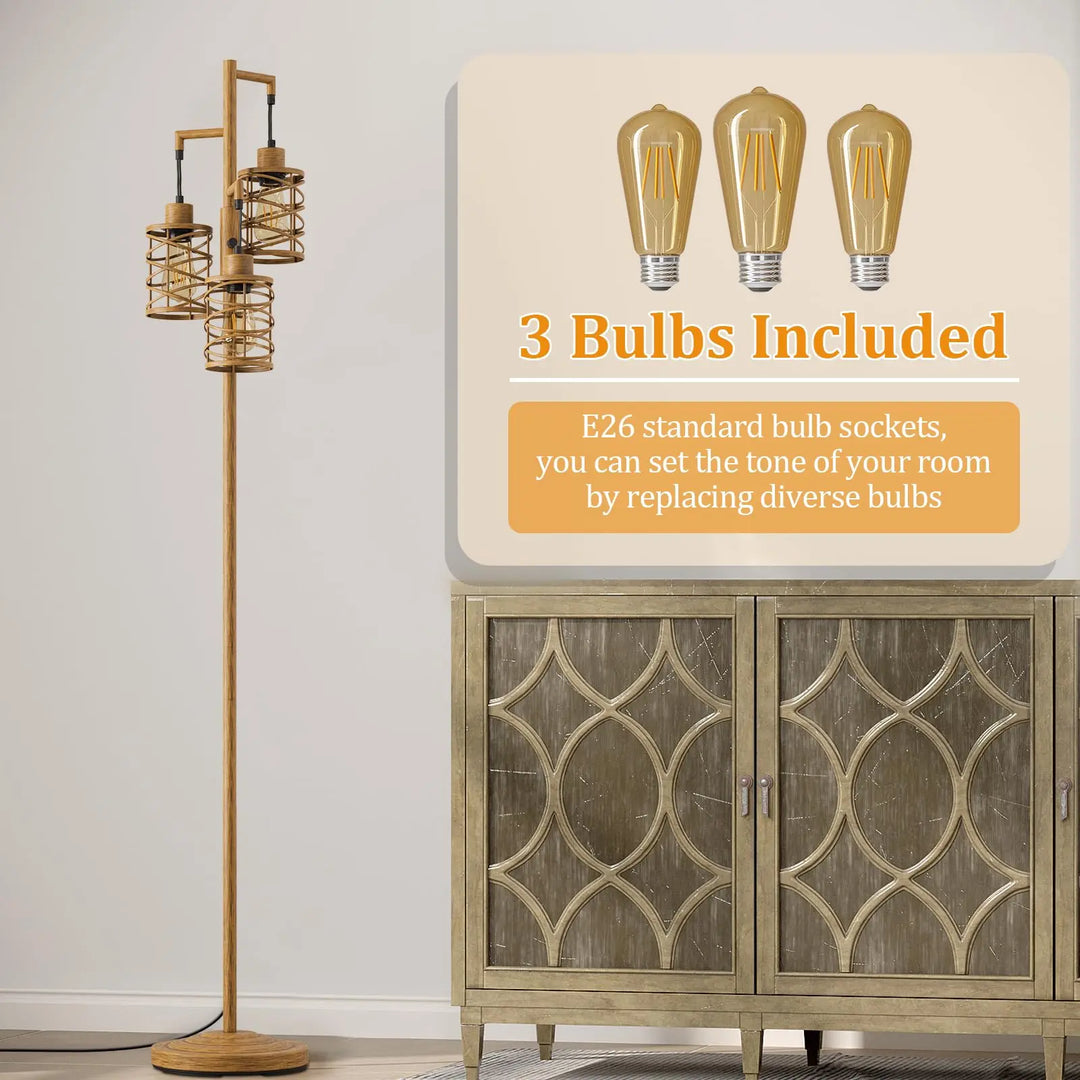 Oneach 70" Industrial Floor Lamp, Stepless Dimmable Standing Lamp with 3 Bulbs, Farmhouse Corner Standing Tree Lamp for Living Room, Tall Lamps for Bedroom, Office, Study Room, Dining Room, Wood Grain 