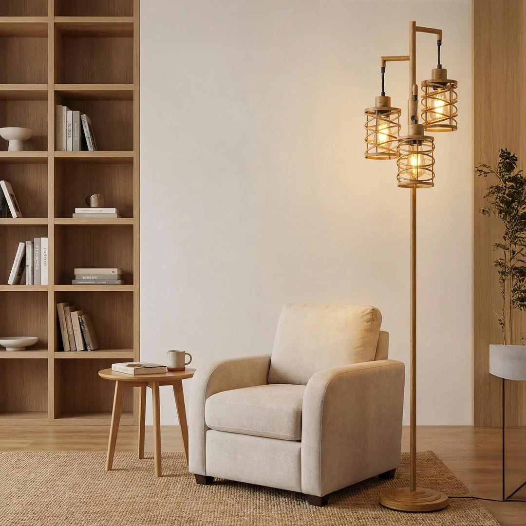 Oneach 70" Industrial Floor Lamp, Stepless Dimmable Standing Lamp with 3 Bulbs, Farmhouse Corner Standing Tree Lamp for Living Room, Tall Lamps for Bedroom, Office, Study Room, Dining Room, Wood Grain 