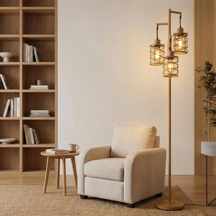 Oneach 70" Industrial Floor Lamp, Stepless Dimmable Standing Lamp with 3 Bulbs, Farmhouse Corner Standing Tree Lamp for Living Room, Tall Lamps for Bedroom, Office, Study Room, Dining Room, Wood Grain 