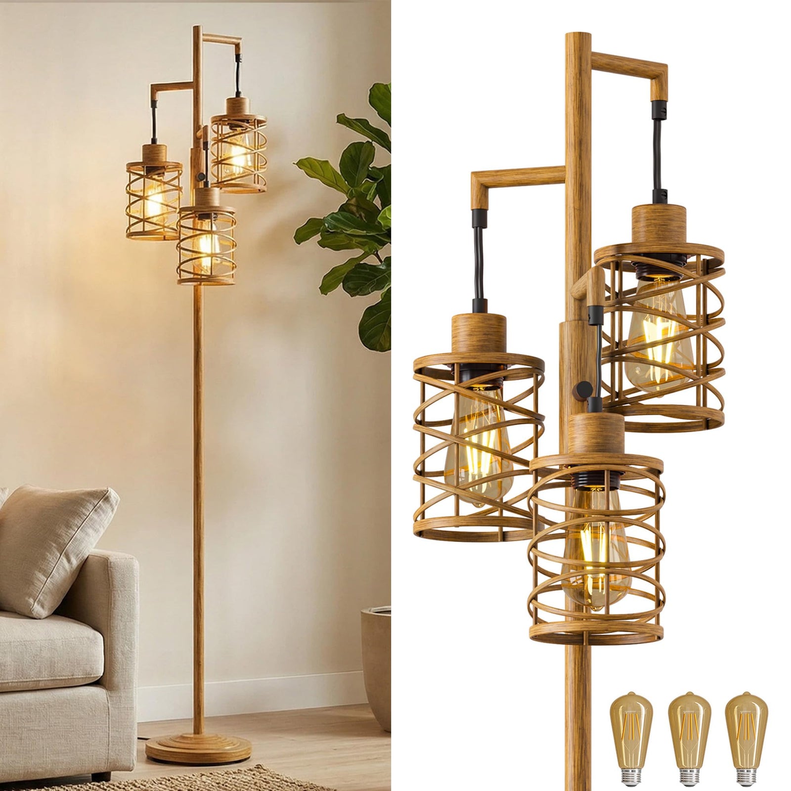 Oneach 70" Industrial Floor Lamp, Stepless Dimmable Standing Lamp with 3 Bulbs, Farmhouse Corner Standing Tree Lamp for Living Room, Tall Lamps for Bedroom, Office, Study Room, Dining Room, Wood Grain 