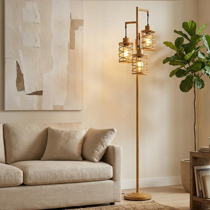 Oneach 70" Industrial Floor Lamp, Stepless Dimmable Standing Lamp with 3 Bulbs, Farmhouse Corner Standing Tree Lamp for Living Room, Tall Lamps for Bedroom, Office, Study Room, Dining Room, Wood Grain 