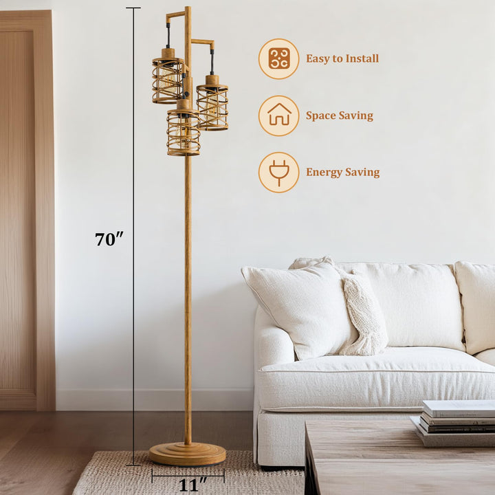 Oneach 70" Industrial Floor Lamp, Stepless Dimmable Standing Lamp with 3 Bulbs, Farmhouse Corner Standing Tree Lamp for Living Room, Tall Lamps for Bedroom, Office, Study Room, Dining Room, Wood Grain 