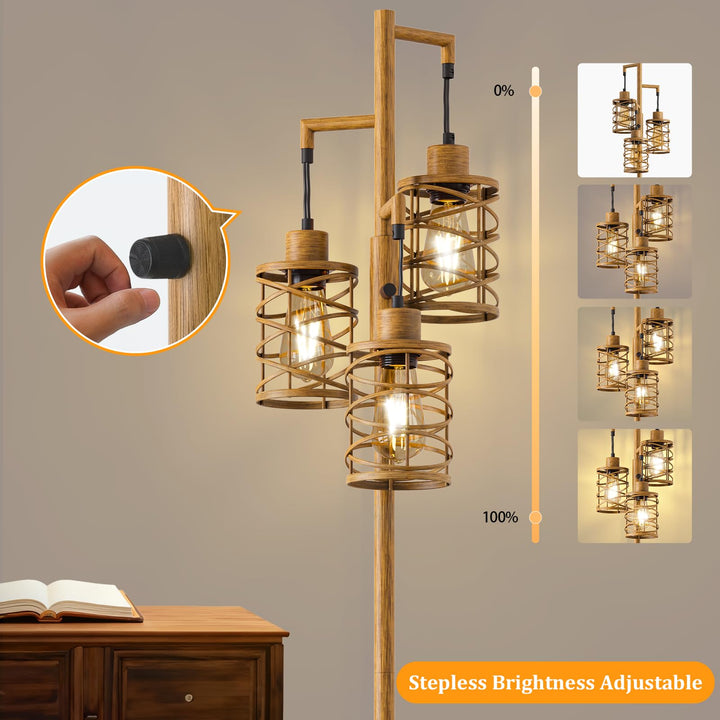 Oneach 70" Industrial Floor Lamp, Stepless Dimmable Standing Lamp with 3 Bulbs, Farmhouse Corner Standing Tree Lamp for Living Room, Tall Lamps for Bedroom, Office, Study Room, Dining Room, Wood Grain 