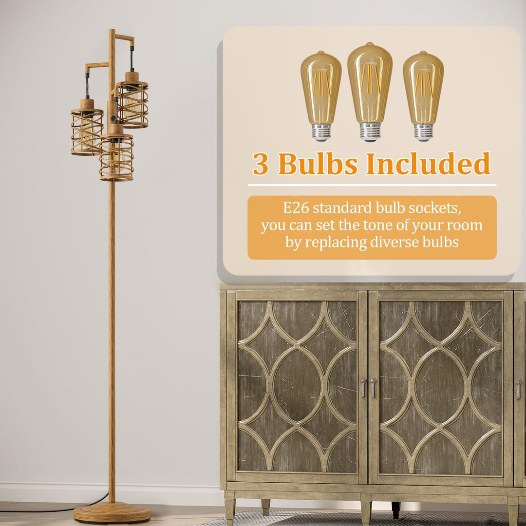 Oneach 70" Industrial Floor Lamp, Stepless Dimmable Standing Lamp with 3 Bulbs, Farmhouse Corner Standing Tree Lamp for Living Room, Tall Lamps for Bedroom, Office, Study Room, Dining Room, Wood Grain 