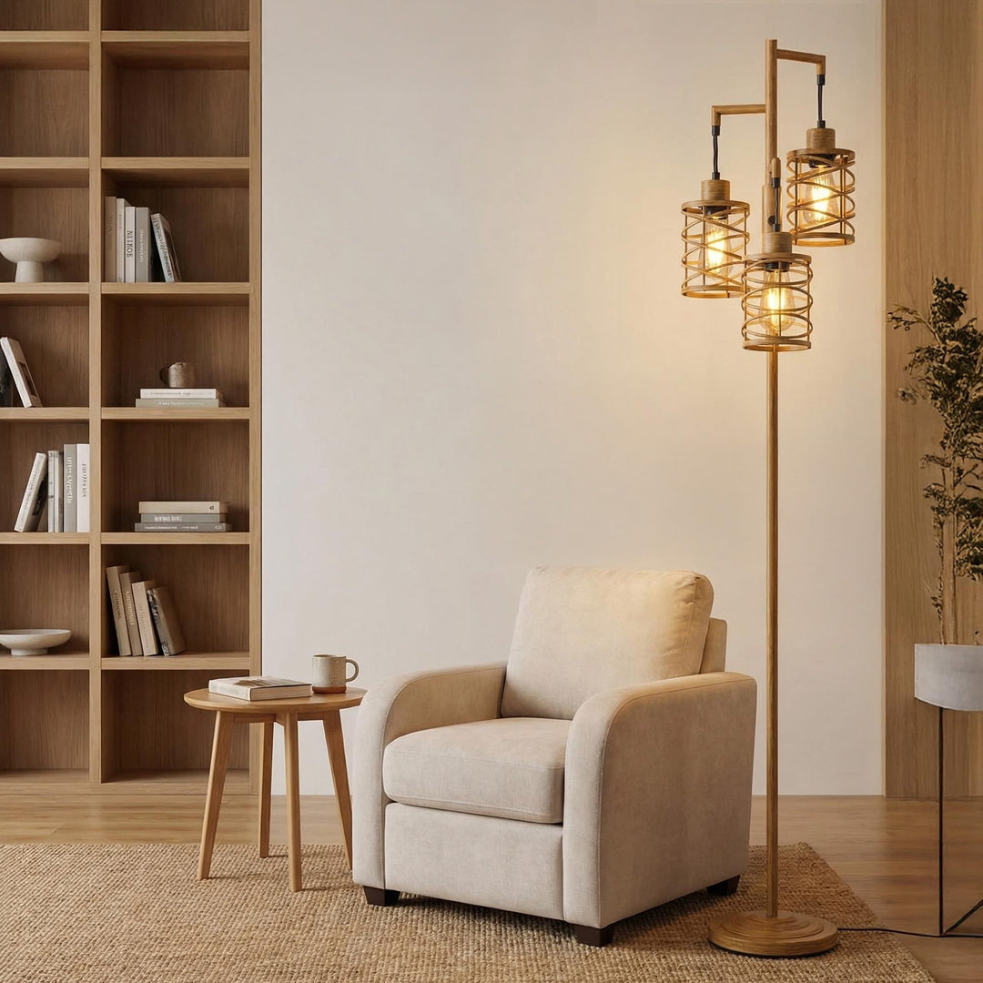 Oneach 70" Industrial Floor Lamp, Stepless Dimmable Standing Lamp with 3 Bulbs, Farmhouse Corner Standing Tree Lamp for Living Room, Tall Lamps for Bedroom, Office, Study Room, Dining Room, Wood Grain 