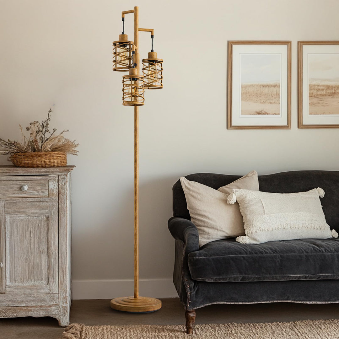 Oneach 70" Industrial Floor Lamp, Stepless Dimmable Standing Lamp with 3 Bulbs, Farmhouse Corner Standing Tree Lamp for Living Room, Tall Lamps for Bedroom, Office, Study Room, Dining Room, Wood Grain 