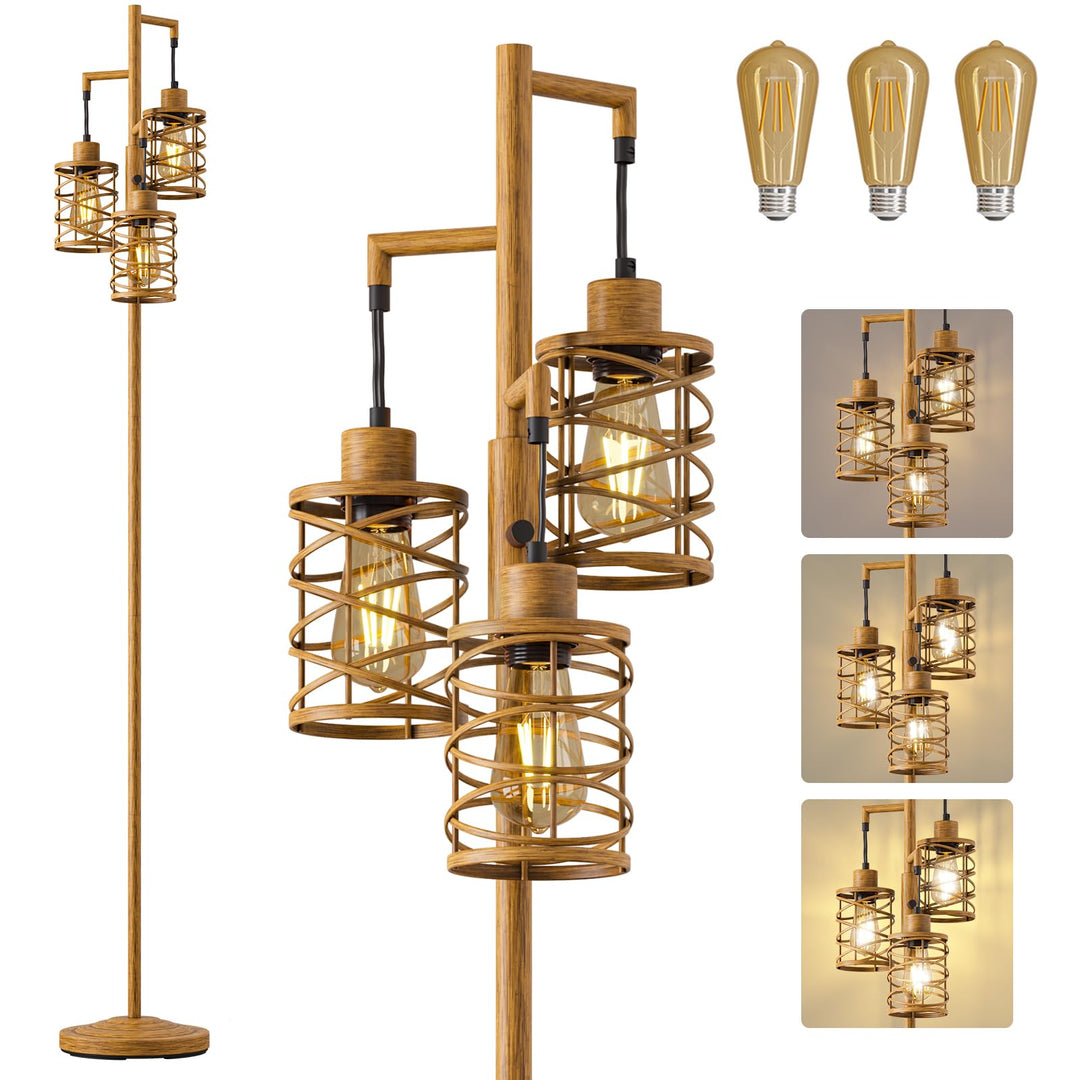 Oneach 70" Industrial Floor Lamp, Stepless Dimmable Standing Lamp with 3 Bulbs, Farmhouse Corner Standing Tree Lamp for Living Room, Tall Lamps for Bedroom, Office, Study Room, Dining Room, Wood Grain 