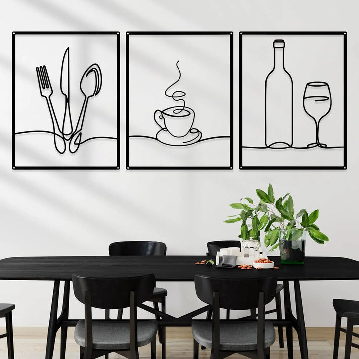 Otoolling 3 Pcs Metal Kitchen Wall Art, Line Design, 14x11, Black