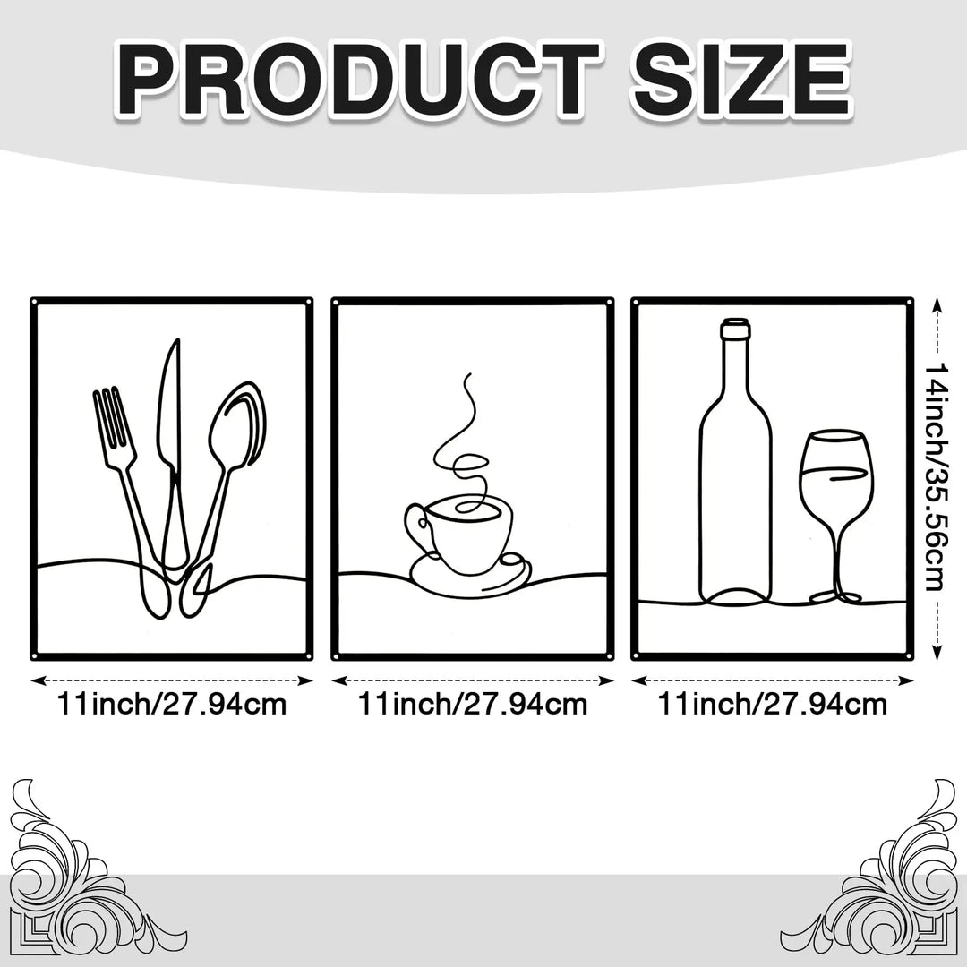 Otoolling 3 Pcs Metal Kitchen Wall Art, Line Design, 14x11, Black