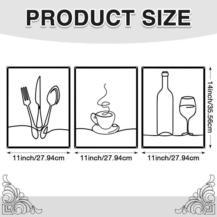 Otoolling 3 Pcs Metal Kitchen Wall Art, Line Design, 14x11, Black