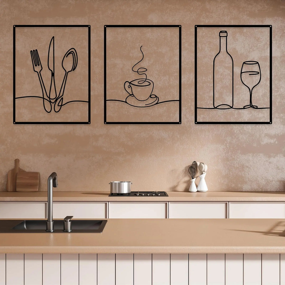 Otoolling 3 Pcs Metal Kitchen Wall Art, Line Design, 14x11, Black